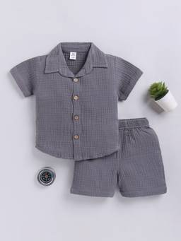 Clt.s - Grey Solid Cotton Shirt with Shorts