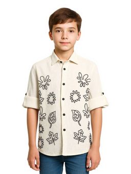 CAVIO - Boys Full Sleeves Floral Printed Cream Casual Shirt