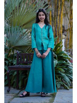 Misbis - Elegant Teal Brocade Front-Slit Kurta with Flared Palazzos