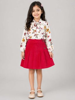 PICCOLO - Rayon Floral Printed Tie-Up Neck Top With Pleated Skirt -Red