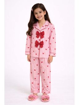 PICCOLO - Cotton Stripe Shirt with Pjyama with Bow Detail-Pink