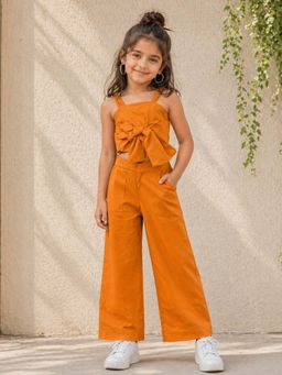 The Magic Wand - Cotton Solid Sleeveless Statement Front Bow Top & Pants - Orange