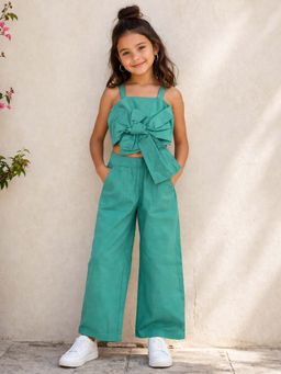The Magic Wand - Cotton Solid Sleeveless Statement Front Bow Top & Pants - Turquoise