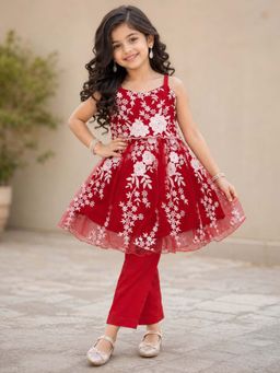 The Magic Wand - Floral Embroidered Anarkali Kurta & Pant - Red
