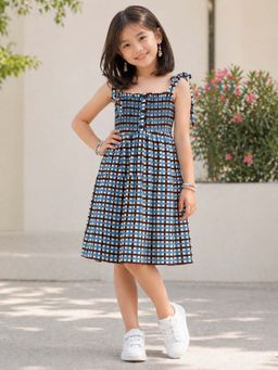 The Magic Wand - Checkered Printed Smocking Gathered Knee Length Dress - Blue