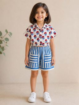 The Magic Wand - Cotton Floral Printed Shirt & Shorts With Patch Pockets - Blue