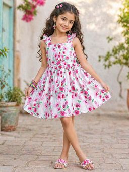 The Magic Wand - Sleeves Floral Printed Knee Length Dress - White