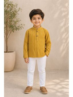 The Magic Wand - Cotton Full Sleeves Dotted Stripes Printed Short Kurta - Mustard