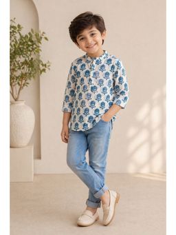 The Magic Wand - Cotton Full Sleeves Floral Printed Short Kurta - White
