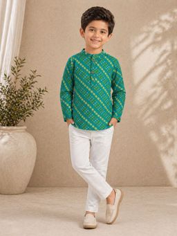 The Magic Wand - Cotton Woven Full Sleeves Printed Short Kurta - Turquoise