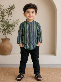 The Magic Wand - Cotton Full Sleeves Zig Zag Printed Short Kurta - Olive Green