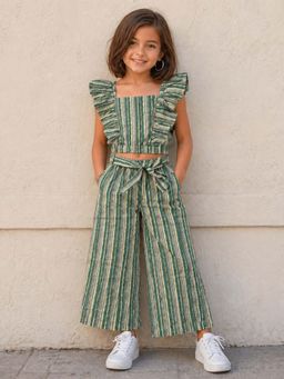 The Magic Wand - Cotton Ruffle Sleeves Stripes Printed Top & Pant - Green