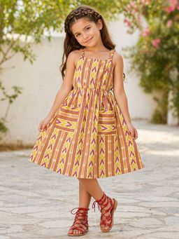 The Magic Wand - Cotton Printed Gathered Knee Length Dress With Patch Pockets - Yellow