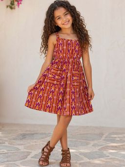 The Magic Wand - Cotton Printed Gathered Knee Length Dress With Patch Pockets - Red