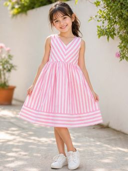The Magic Wand - Cotton Stripe Printed A-Line Knee Length Dress - Pink