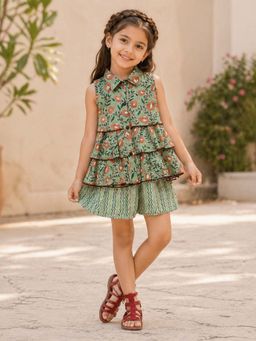 The Magic Wand - Cotton Woven Sleeveless Floral Tiered Top & Shorts - Green