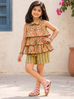 The Magic Wand - Cotton Woven Sleeveless Floral Tiered Top & Shorts - Yellow
