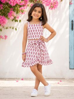 The Magic Wand - Cotton Strappy Stripes Printed Top & Wrap Style Skirt - White