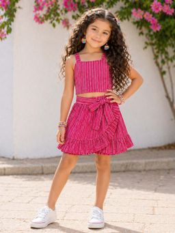 The Magic Wand - Cotton Strappy Dotted Stripes Top & Wrap Style Skirt - Fuchsia