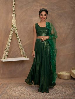 Gajra Gang - Shimmery Emerald Crop Top With Skirt & Dupatta GGLEH11 (Set of 3)