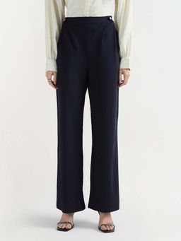ELLE - Navy Blue Polyester Solid Pants