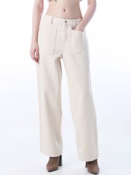 ONLY - Cream Cotton Blend Solid Jeans