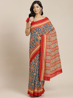 Yufta - Red & Blue Ethnic Motifs Pure Cotton Block Print Saree with Unstitched Blouse