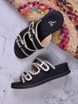 Jove - Women Black Solid Embroidered Sandals