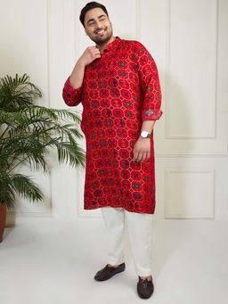Vastramay - Men's Red Rayon Patola Printed Kurta with Pant (Set of 2)