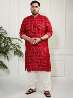 Vastramay - Men's Red Rayon Patola Printed Kurta with Patiala (Set of 2)