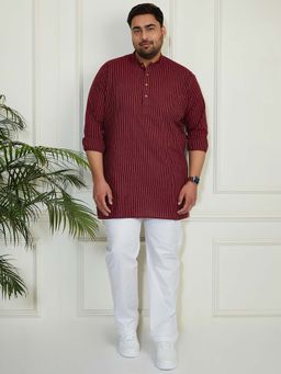 Vastramay - Men's Maroon Cotton Woven Stripes Short Kurta with Pant (Set of 2)
