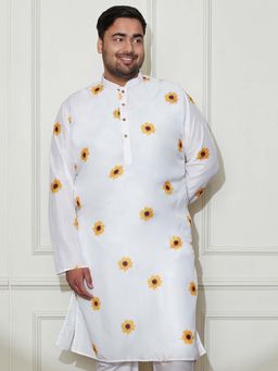 Vastramay - Men's White Cotton Sunflower Printed Kurta