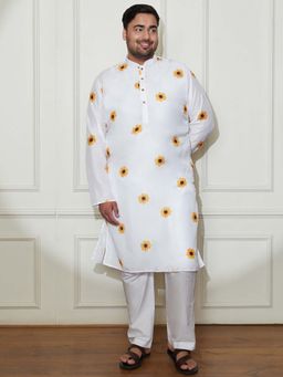 Vastramay - Men's White Cotton Sunflower Printed Kurta with Pant (Set of 2)