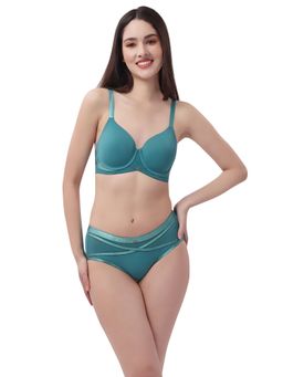 SOIE - Full Coverage Padded Wired T-shirt Bra With Mesh Detailing With Panty - Green (Set of 2)