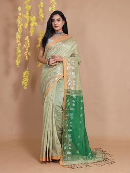 CHARUKRITI - Pistachio Green Cotton Zari & Floral Borders Handwoven Saree with Unstitched Blouse