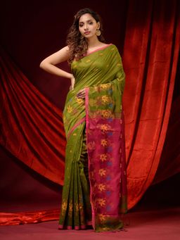 CHARUKRITI - Pear Green Blended Cotton Ethnic Motifs and Floral Borders Saree with Unstitched Blouse