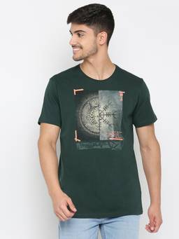 Spykar - Bottle Green Cotton Half Sleeve Printed Casual T-shirt For Men