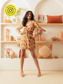 Urban Suburban - Orange Floral Short Dress with Full Sleeves
