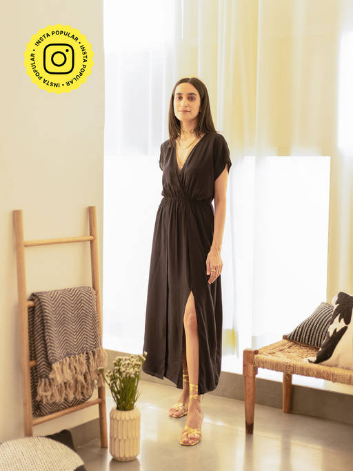 Buy Urban Suburban Black Rayon Midi Dress with Slit Online