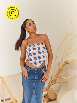 Urban Suburban - White Floral Crop Top with Gingham Tie Up