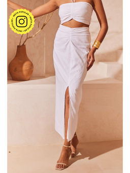 Urban Suburban - White Ruched Linen Midi Skirt