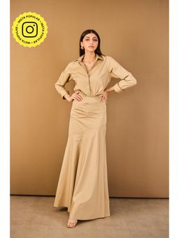 Urban Suburban - Beige Poplin Flared Solid Maxi Dress