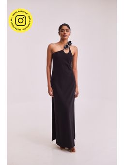 Urban Suburban - Black Rose Detailing Solid Maxi Dress
