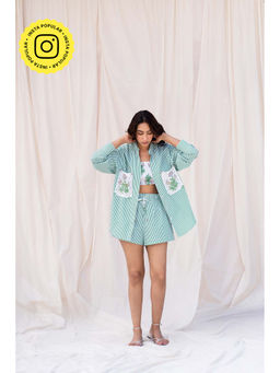 Urban Suburban - Green Striped Embroidered Shirt with Shorts and Crop Top