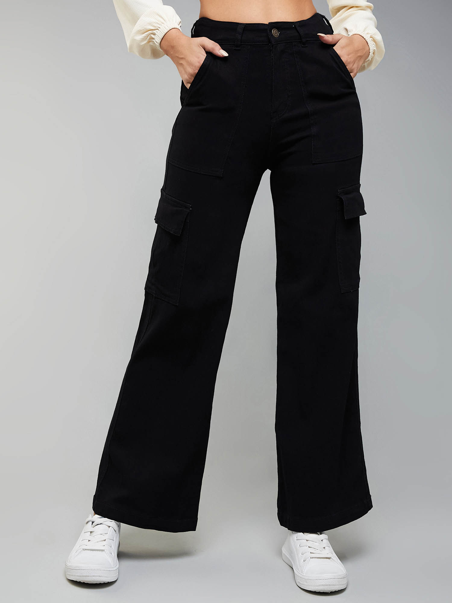 dolce crudo Black Wide-Leg High-Rise Clean-Look Stretchable Denim Cargo Jeans-picture-26