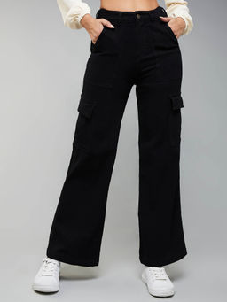 DOLCE CRUDO - Black Wide-Leg High-Rise Clean-Look Stretchable Denim Cargo Jeans
