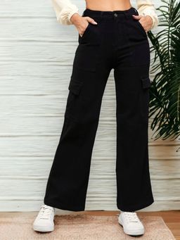 DOLCE CRUDO - Womens Black Wide Leg High Rise Denim Cargo Jeans