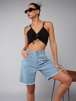 DOLCE CRUDO - Womens Light Blue Regular High Rise Clean Look Above Knee Stretchable Denim Shorts