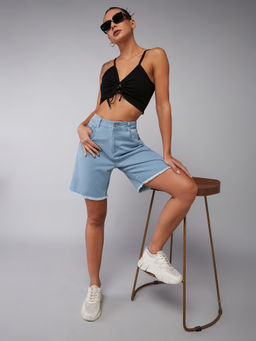 DOLCE CRUDO - Womens Light Blue Regular High Rise Above Knee Stretchable Denim Shorts