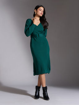 Twenty Dresses by Nykaa Fashion - Green Textured V Neck Wrap Midi Dress